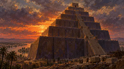 A huge stepped mud-brick ziggurat of seven terraces with a ramped stair and a summit temple rises above a plain with date palms under a sunset sky in layered wax paint.