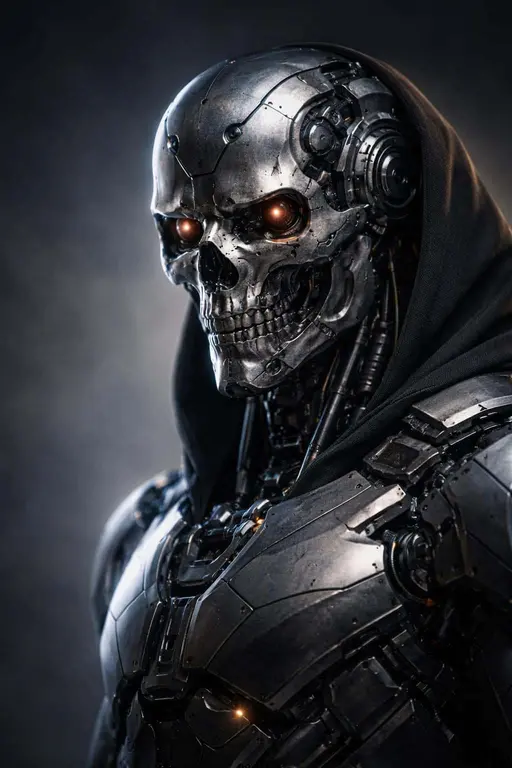 Close, faithful 2:3 portrait of a hooded metal skull cyborg rendered as a dark 3D study for poster use, emphasizing composition, lighting, and material detail.