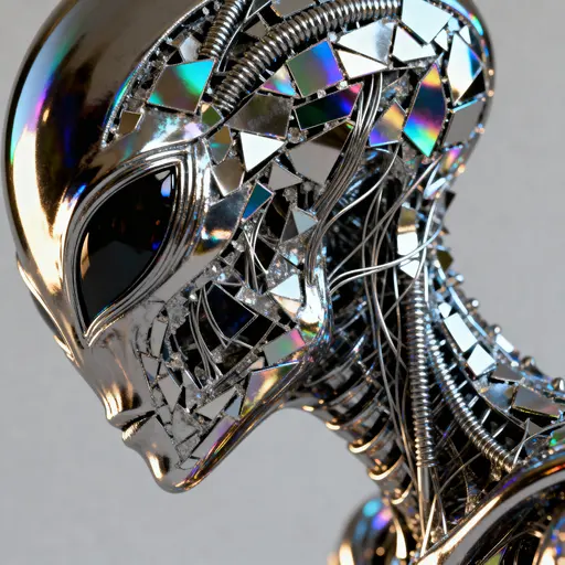 A stunningly photorealistic alien crafted from shimmering metal particles, composed of intricate reflective fragments that catch and scatter light. The creature has an otherworldly, elegant silhouette with fine metallic filaments and micro-