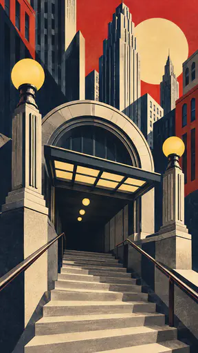 A metro station entrance with a grand arched portal, a stepped stair descending into darkness and two globe lamp posts below tall buildings and a pale sun circle.