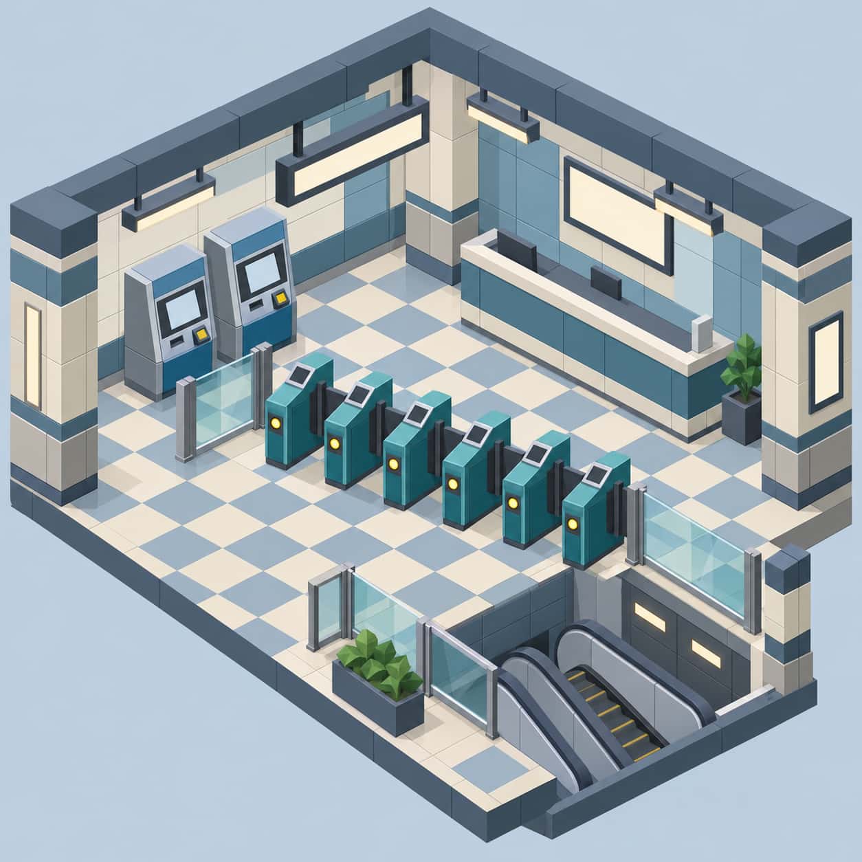 A cutaway metro ticket hall with a row of six fare gates, two ticket machines, an information desk, checker floor tiles and an escalator in isometric vector style.