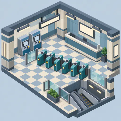 A cutaway metro ticket hall with a row of six fare gates, two ticket machines, an information desk, checker floor tiles and an escalator in isometric vector style.