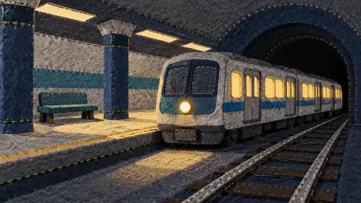 A metro train of four silver-grey and blue felt cars with glowing yellow windows arrives at a platform with columns, a bench and a tunnel mouth.