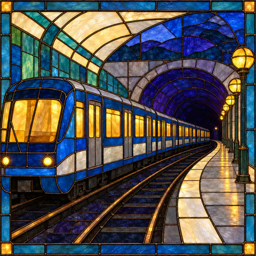A metro train of blue and silver glass cars departs along a curved platform toward a tunnel mouth with amber lamps and lit windows in soldered stained glass.