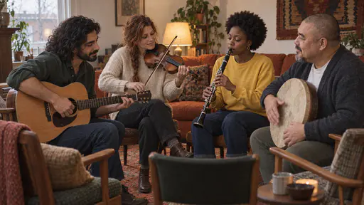 Four musicians play guitar, fiddle, clarinet and frame drum in a tight circle on a rug in a lamplit living room ringed by empty armchairs and cushions with a rust-orange sofa behind them.