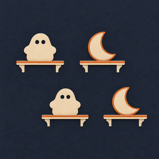 A square cut-paper pattern concept on a deep midnight blue field: four small cream bakery shelves stagger in two offset rows, each shelf holding exactly one pastry — a plump ghost-shaped bun with round eye holes or a crescent-moon cookie trimmed in burnt orange. Wide blank gaps separate the rows and margins. A Halloween bakery digital-paper swatch.