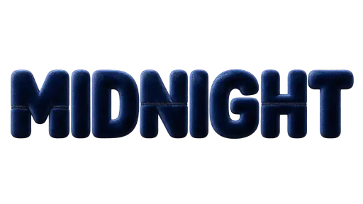 The word MIDNIGHT in one broad line, built from plush deep-midnight-blue velvet letterforms with a directional nap catching silver-blue light, small inset panel seams, isolated on a transparent background as a gothic Halloween typography asset.
