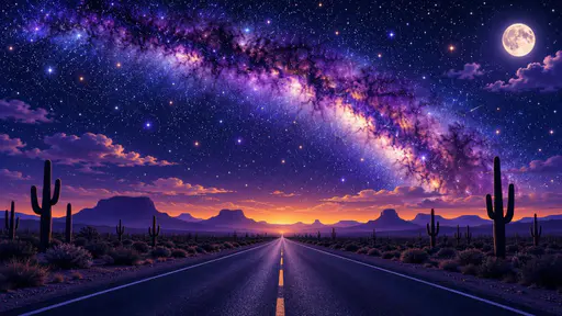 The Milky Way arches across a dark desert sky above a long empty road with dense glowing stars, silhouetted cacti, distant mesas and a faint warm horizon glow.