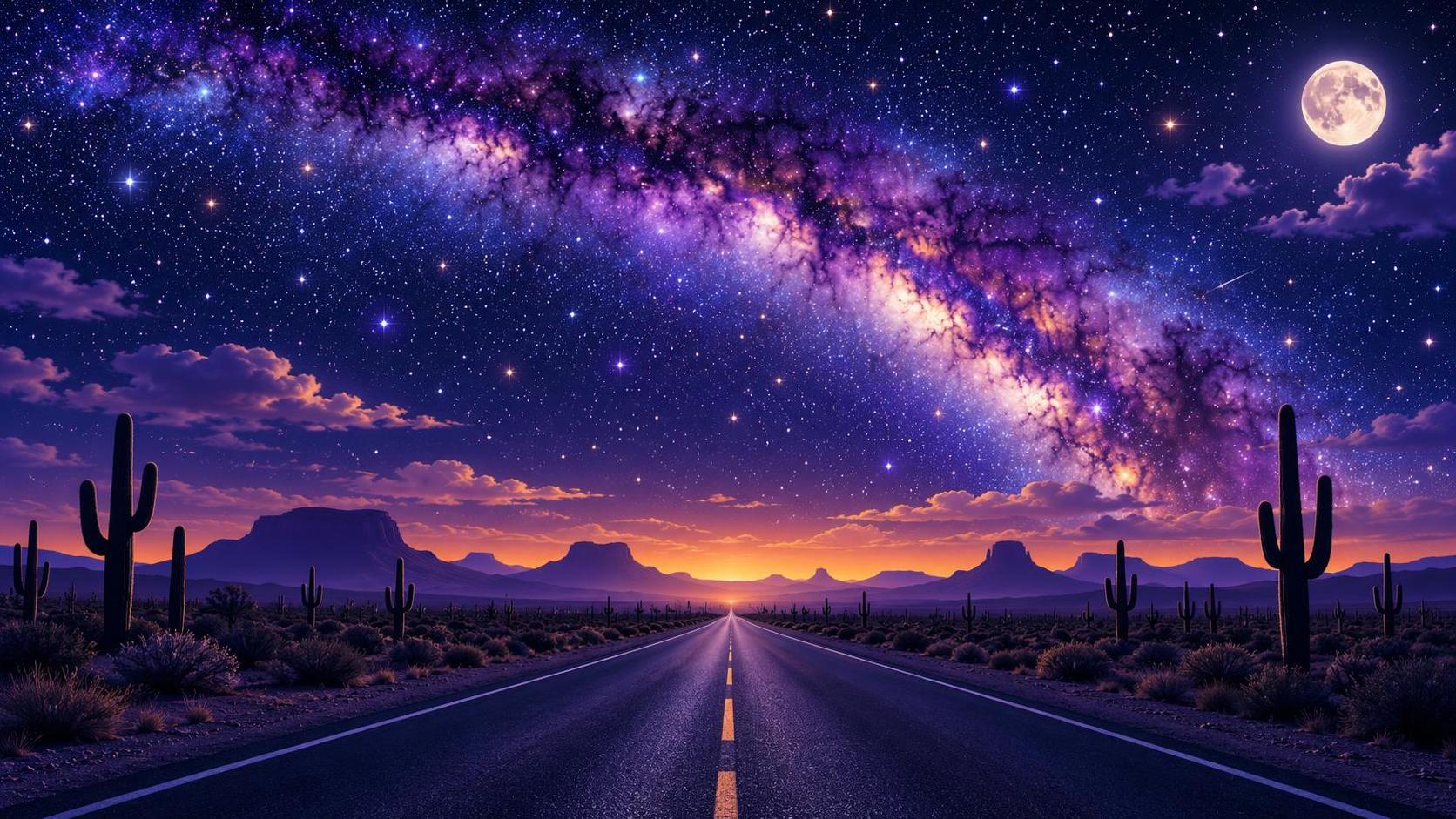 The Milky Way arches across a dark desert sky above a long empty road with dense glowing stars, silhouetted cacti, distant mesas and a faint warm horizon glow.