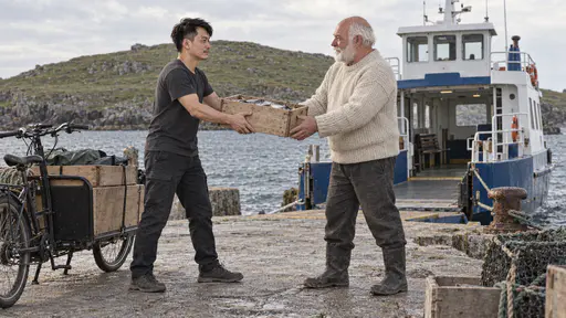 A wiry courier with a thin moustache lifts a plain wooden crate off a cargo bicycle to hand to a broad white-bearded man in a cream fisherman's jumper on a grey stone island jetty with the ferry moored behind them.
