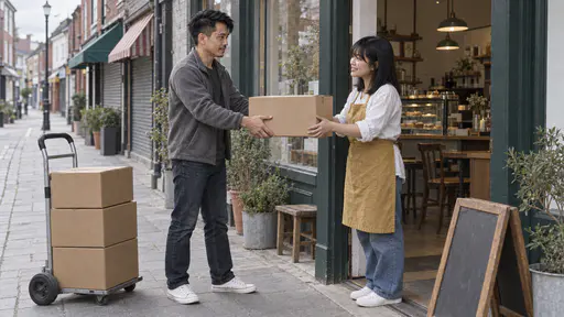 A wiry man with a thin moustache in a grey fleece hands a plain cardboard crate across the open door of a small corner cafe to a petite woman with a dark fringe in a mustard apron who takes it with both hands and a smile in soft early light.