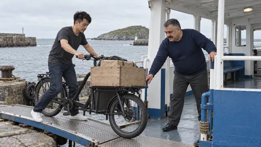 A wiry courier with a thin moustache wheels a loaded cargo bicycle with a plain wooden crate up a gangway onto the open rear deck of a small ferry while a heavyset deckhand in a navy sweater guides the front wheel.