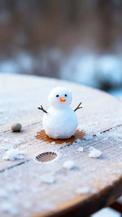 A tiny snowman barely 2 cm tall sits on a chilled, frosted tabletop under gentle cool light, captured upright within a narrow vertical frame to emphasize scale and intimacy.