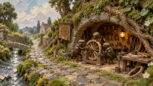 A miniature crew of beetles in small caps trues a wooden cart wheel on a stand outside a wheelwright's mossy burrow at the end of a cobbled lane, spokes and a hub on a bench, thick palette-knife daubs forming the cobbles, moss and pale sky.