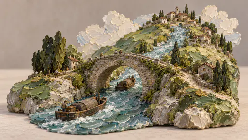 A miniature stone arched bridge crosses a green river running up the slope toward a hilltop village, small barges passing under the arch, with thick palette-knife daubs forming the hill, river and pale clouds.