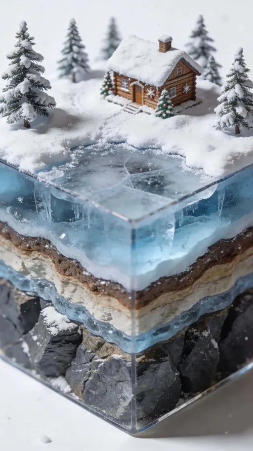 A hyper-realistic 3D macro winter diorama cube with a small wooden Christmas cabin on snow, cutaway icy layers revealing detailed geological rock textures, framed vertically 9:16.
