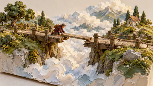 A miniature tiny courier in a plum coat kneels at the broken edge of a wooden bridge laying a plank across the gap above a river of white clouds, tiny posts and ropes beside him and a distant cottage, thick palette-knife daubs forming clouds and green banks.