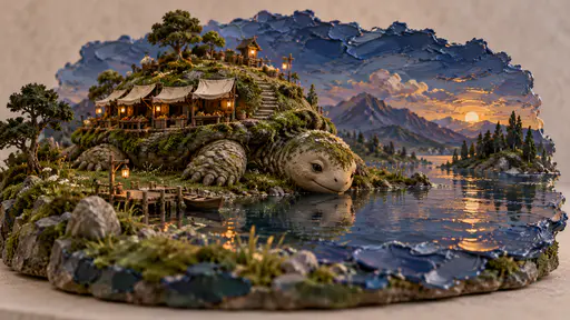 A miniature vast gentle moss-backed creature lies down beside a still lake at dusk with its head lowered to the water and its shell market folded up with awnings furled and a few lanterns glowing, thick palette-knife daubs forming lake, hills and deep blue sky.