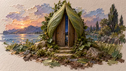 A miniature close view of a door-bearing plant at dusk with its arched doorway's leaf-frame slowly folding shut like praying hands and a sliver of starlit sky still visible through the gap, thick palette-knife daubs forming soil, leaves and deep blue sky.