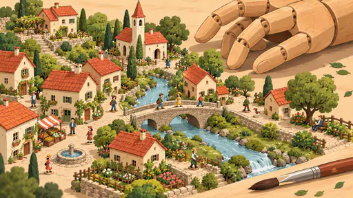 A tiny miniature world is built on a tabletop with small painted human figurines walking through a miniature village with tiny trees and a little bridge.