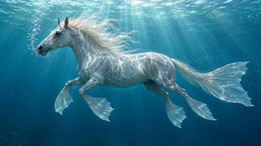 Seahorse: a miniature horse swims suspended underwater, its long equine face, dark eye and streaming pale mane lit by filtered sunlight, all four legs tapering below the hocks into sheer webbed paddles and its tail widened into a translucent fin, seen in side view against unlettered blue-green…
