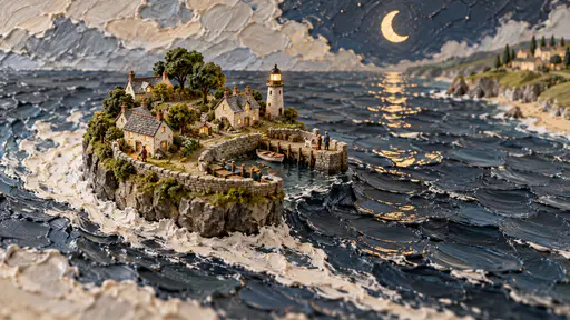 A miniature round island with a ring of cream cottages, a stubby lighthouse and a harbour wall drifts across a night sea of thick blue and grey palette-knife paint toward a pale coast, a white wake behind it and a crescent moon above.
