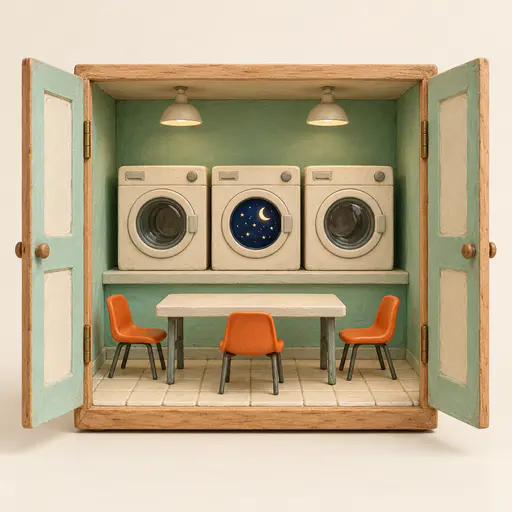 An open hinged cabinet holds a miniature laundromat of three paste washing machines where the glass door of the middle one shows a tiny midnight sky with cream stars and a crescent moon.
