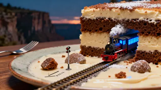 A hyperreal miniature locomotive with glowing windows cuts a railway canyon through a layered slice of cake on a plate, with crumbs like boulders and warm dessert light suggesting wonder and scale.