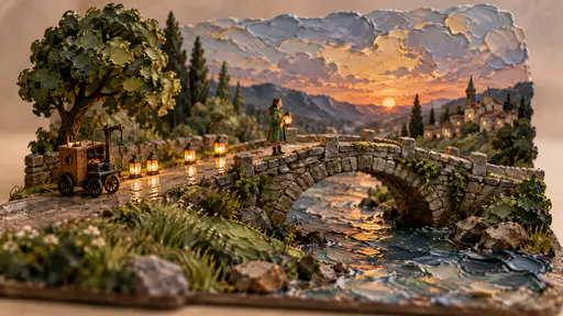 A miniature plain machine has laid a neat row of lanterns along one side of a stone bridge at dusk while a tiny woman with short grey hair in a green raincoat stands at the middle holding a single lantern in both hands, thick palette-knife daubs forming river, sky and stone.