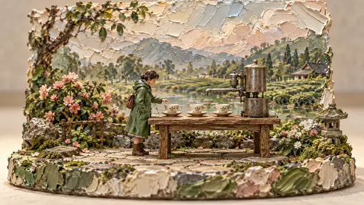 A miniature plain machine has set three identical teacups in a row on a wooden table while a tiny woman with short grey hair in a green raincoat lifts a hand toward the middle cup, thick palette-knife daubs of green, cream and rose behind her.