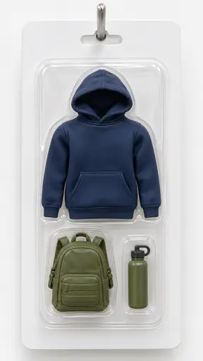 A molded plastic set in a clear blister pack shows a plain navy hoodie beside a small backpack and a water bottle on a blank white card hung on a plain peg.