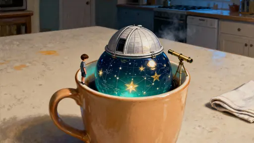 A warm ceramic mug holds a tiny observatory dome instead of liquid, with a small child standing on the rim and gazing down at a softly glowing star map beneath a calm, intimate atmosphere.