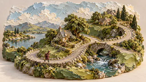 A miniature country road loops back over itself in a twisting ribbon with a very small courier in a plum coat walking along it past tiny cottages and trees, thick palette-knife daubs forming green fields, a pale sky and white clouds.
