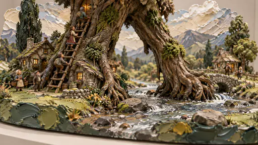A miniature close view of the great root-legs of a walking tree stepping across a shallow stream, small villagers climbing a wooden root ladder and a few cottages leaning on the lower trunk, with thick palette-knife daubs forming water, banks and grass.