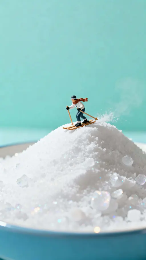 A tiny skier navigates a powdered sugar hill in a whimsy tabletop winter scene, lit to feel soft and crisp with pastel highlights and delicate shadows.