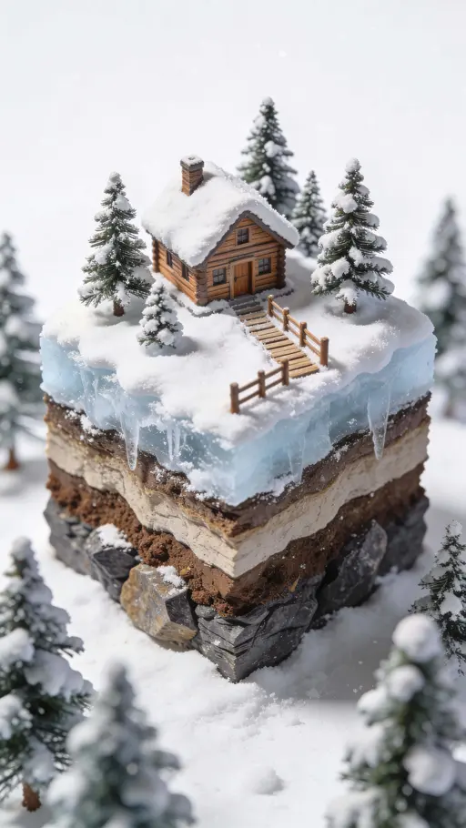 A 3D macro miniature of a small wooden cabin atop a floating cutaway terrain block with thick snow, pine trees dusted with snow, a wooden fence path, visible soil and rock layers, and soft winter daylight in a 9:16 frame.