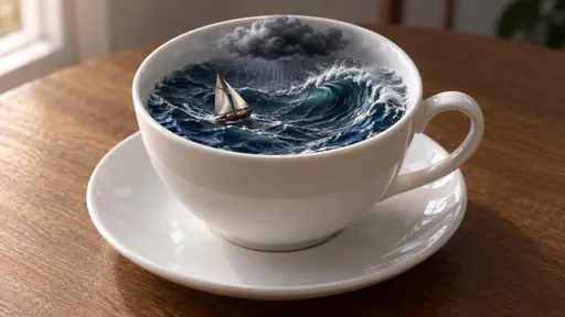 Storm in a teacup: a high three-quarter macro conceptual still life of a white porcelain teacup on a saucer holding a miniature stormy ocean within its rim, a curling blue wave, one tiny sailboat and a small dark cloud raining inside the cup while the saucer and table stay dry.