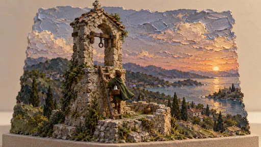 A miniature stone bell tower top at dusk with an empty iron bracket where a bell once hung and a small ladder leaning against it as a very small traveller in a green cloak climbs up with a silver bell in a satchel, thick palette-knife daubs forming stone, sky and hills.