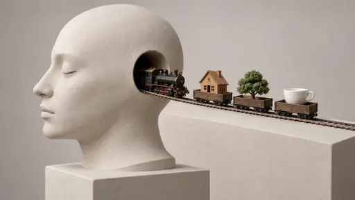 Train of thought: a side-profile conceptual miniature photograph under soft studio light, where a tiny model train on its track emerges from a round tunnel in the side of a smooth featureless ceramic head, its three open wagons carrying a small house, a green tree and a white teacup.