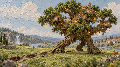 A miniature enormous tree on great root-legs strides across a meadow carrying small cottages, rope bridges and lanterns among its branches, a trail of soil footprints behind it and thick palette-knife daubs of green meadow and pale blue sky around it.