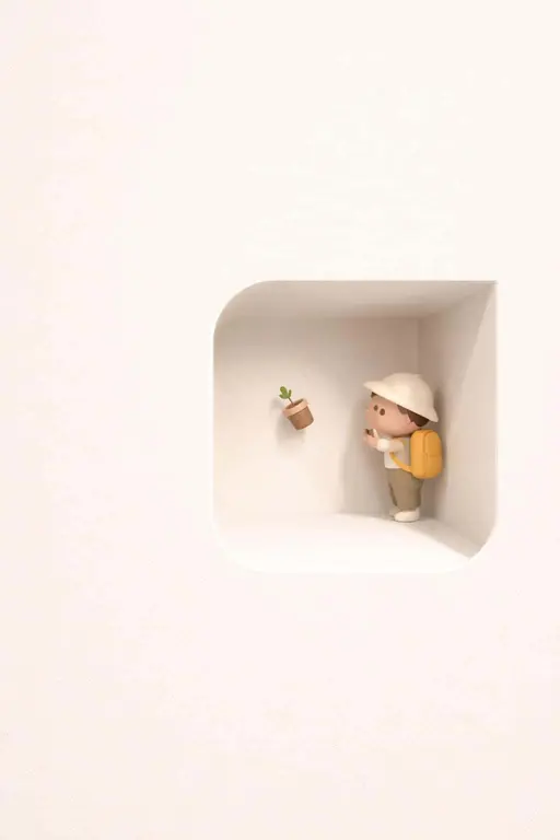 Portrait 2:3 scene of a soft cream panel with a rounded square cutout low-right revealing a rotated-gravity interior where a tiny 3D character holds a floating plant.