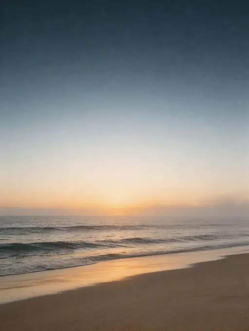 Vertical 3:4 cinematic editorial photo of a minimal sunrise beach with bright lower-horizon glow, upper blue-hour haze, subtle mist, realistic texture, and light film grain.