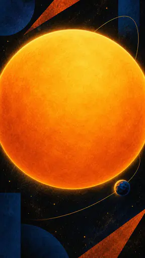 A tiny planet orbits an enormous minimalist sculpture of the sun, a huge smooth glowing disc with a thin corona, with the scale contrast exaggerated against deep black space.