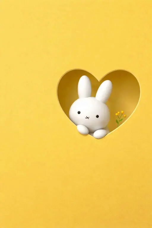 A minimalist white rabbit character peeks through a heart-shaped cutout on a vibrant yellow surface in this clean 3D rendered wallpaper for mobile devices.