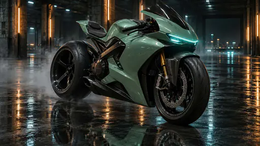 Photoreal futuristic motorcycle in glossy mint green with a teal light strip, parked in a dark garage with amber lights and a misty floor.