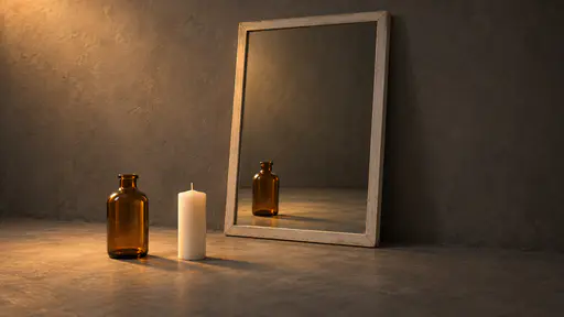 A plain rectangular mirror with a thin chalk-painted frame leans against a dim studio wall. Before it stand a small unbranded amber glass bottle on the left and an unmarked unlit white candle on the right. In the mirror's reflection only the bottle appears; the candle's place shows empty floor — the one quiet impossible detail. Soft amber light falls off into charcoal grey, and the right edge of the wide frame stays clear — an eerie minimal Halloween background.