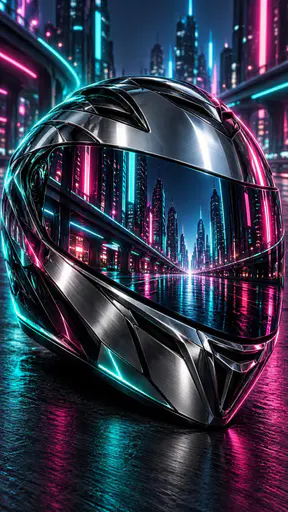 A futuristic motorcycle helmet with a mirrored visor reflecting a neon city street at night rests alone on a dark surface.