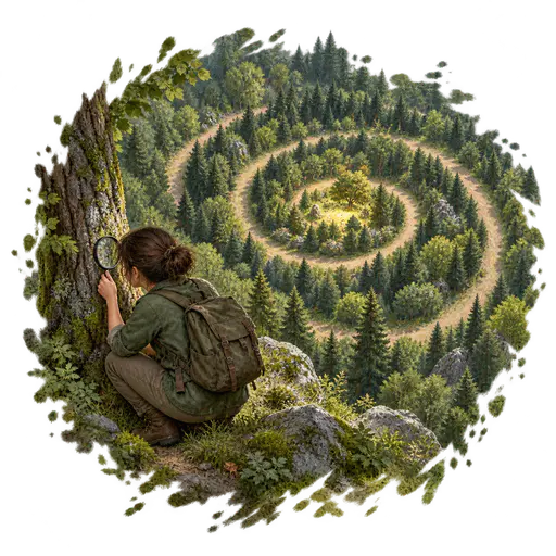 Missing the forest for the trees: A crouching researcher presses a magnifying glass to one bark patch while the surrounding forest forms a giant spiral path to a sunlit clearing, as a painterly slice dissolving into transparency.