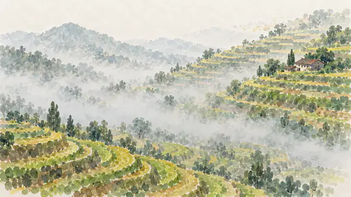 Terraces in overlapping green and ochre ink dabs on a hillside, grey blue mist across the valley, a small farmhouse with a red-brown roof at the right.