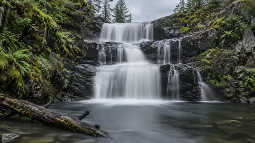 A waterfall over three dark stone steps into a pool, silky pale water, green moss and ferns on both sides, a fallen log in the lower left, grey sky at the top.